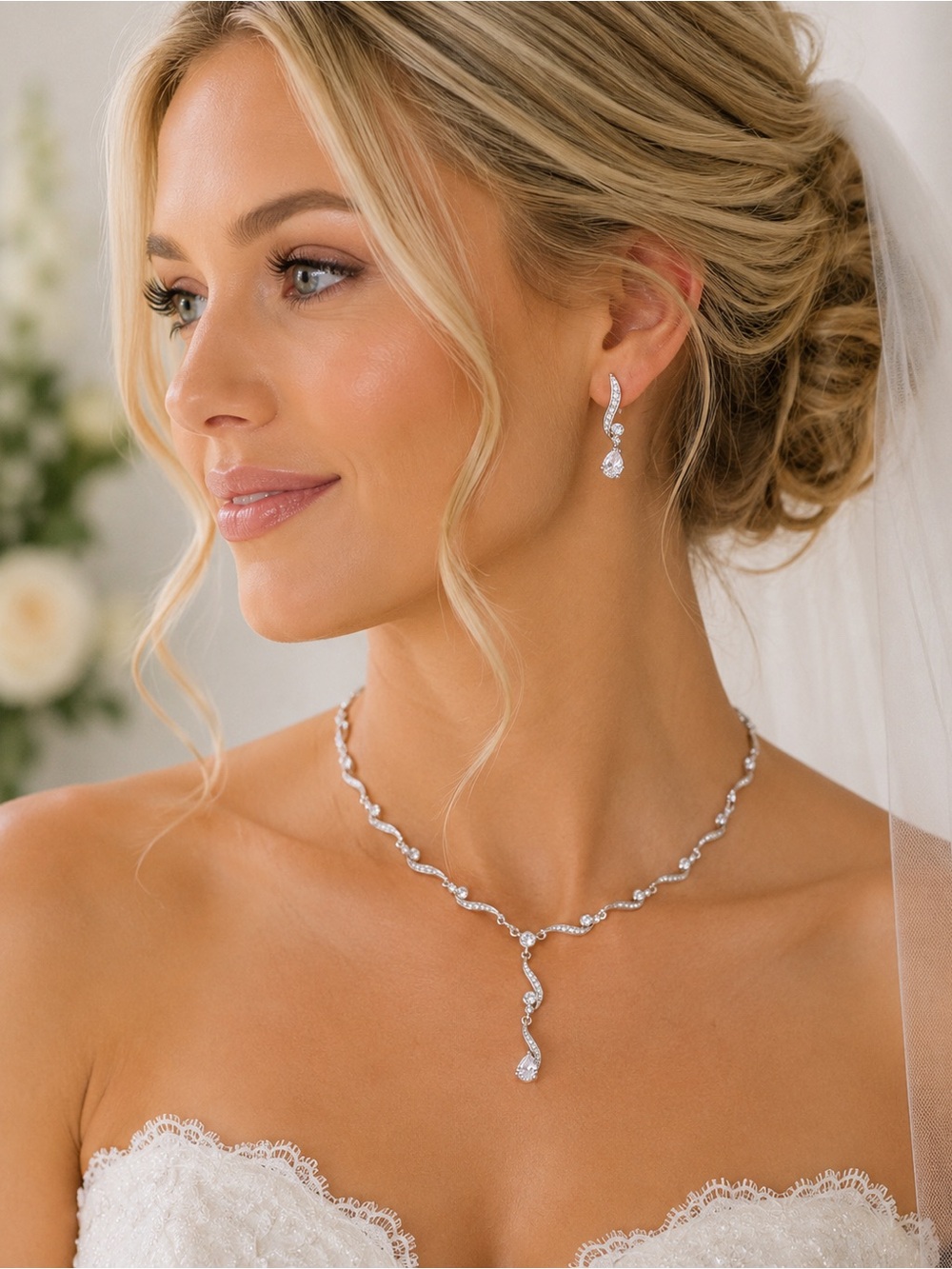 Wedding Jewelry Set Rhinestone Crystal Necklace & Earrings Silver Tone Bridal